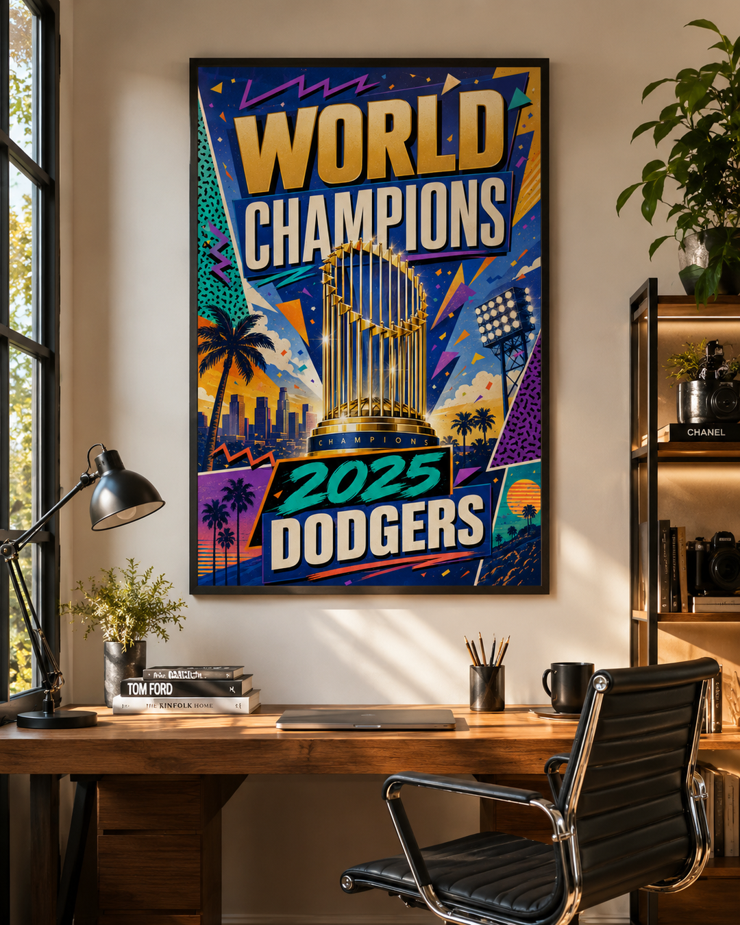 Los Angeles baseball championship printable wall art displayed in a modern home office