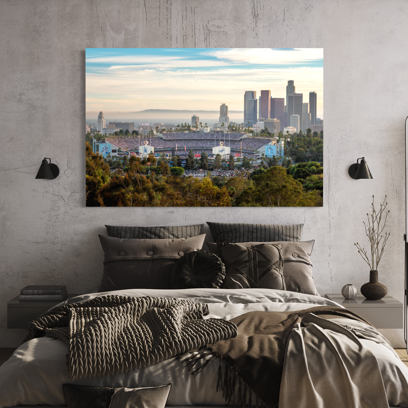 Dodger Stadium 2024 World Series LA Skyline Fine Art Print displayed in a styled room interior 3