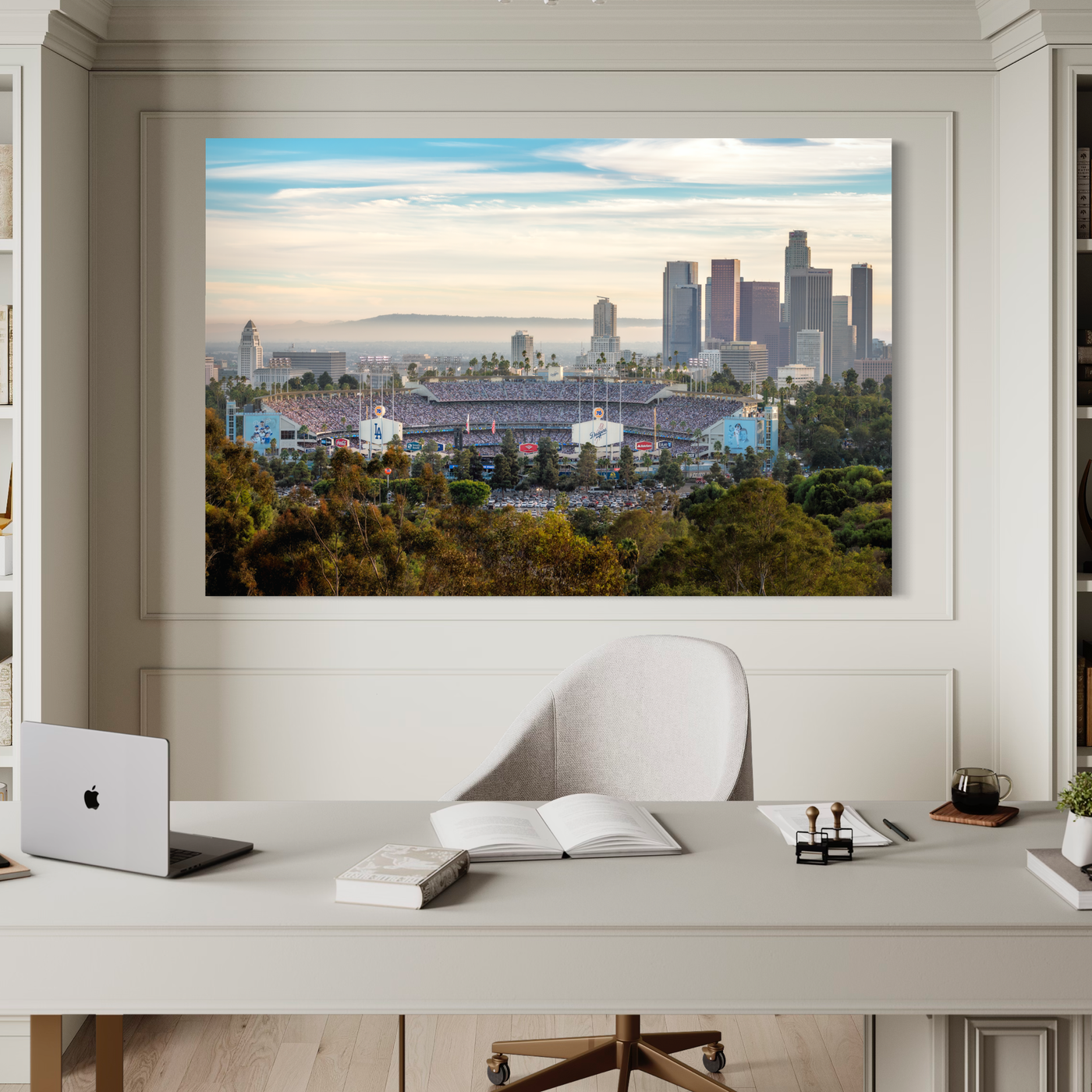 Dodger Stadium 2024 World Series LA Skyline Fine Art Print displayed in a styled room interior 1