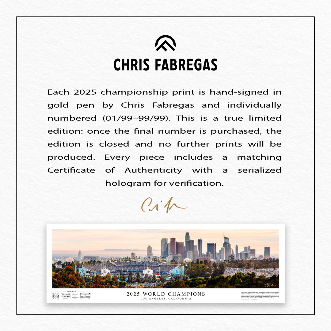 2025 World Champions – Los Angeles Dodgers Panoramic Fine Art Print (Signed & Numbered Limited Edition /99) Archival Print Chris Fabregas Fine Art Photography Wall Art print High-quality fine art photography print 