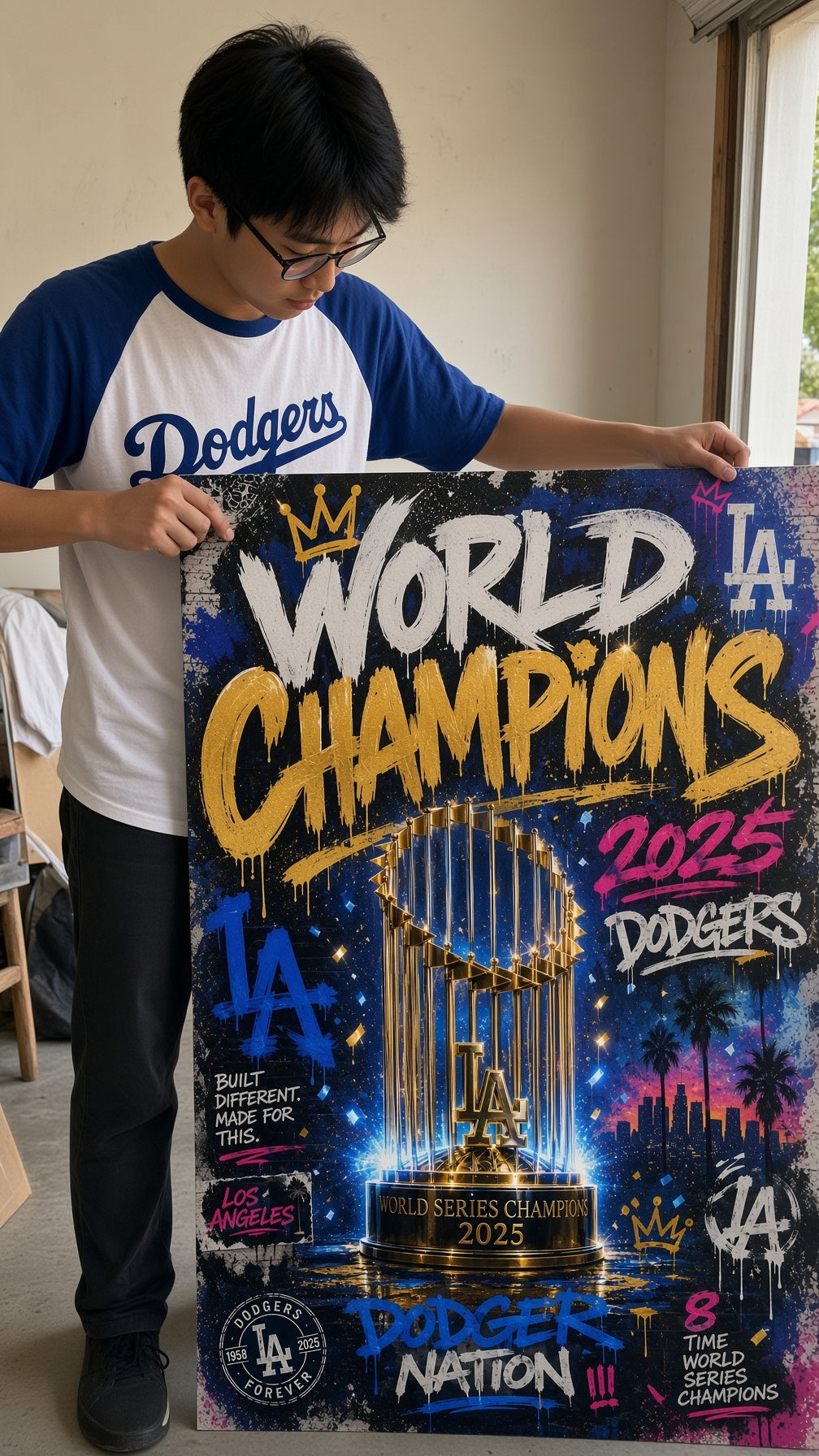 A person wearing a Dodgers baseball t-shirt holds up a large, colorful custom poster celebrating a 2025 World Champions title with a gold trophy graphic and Los Angeles skyline details.