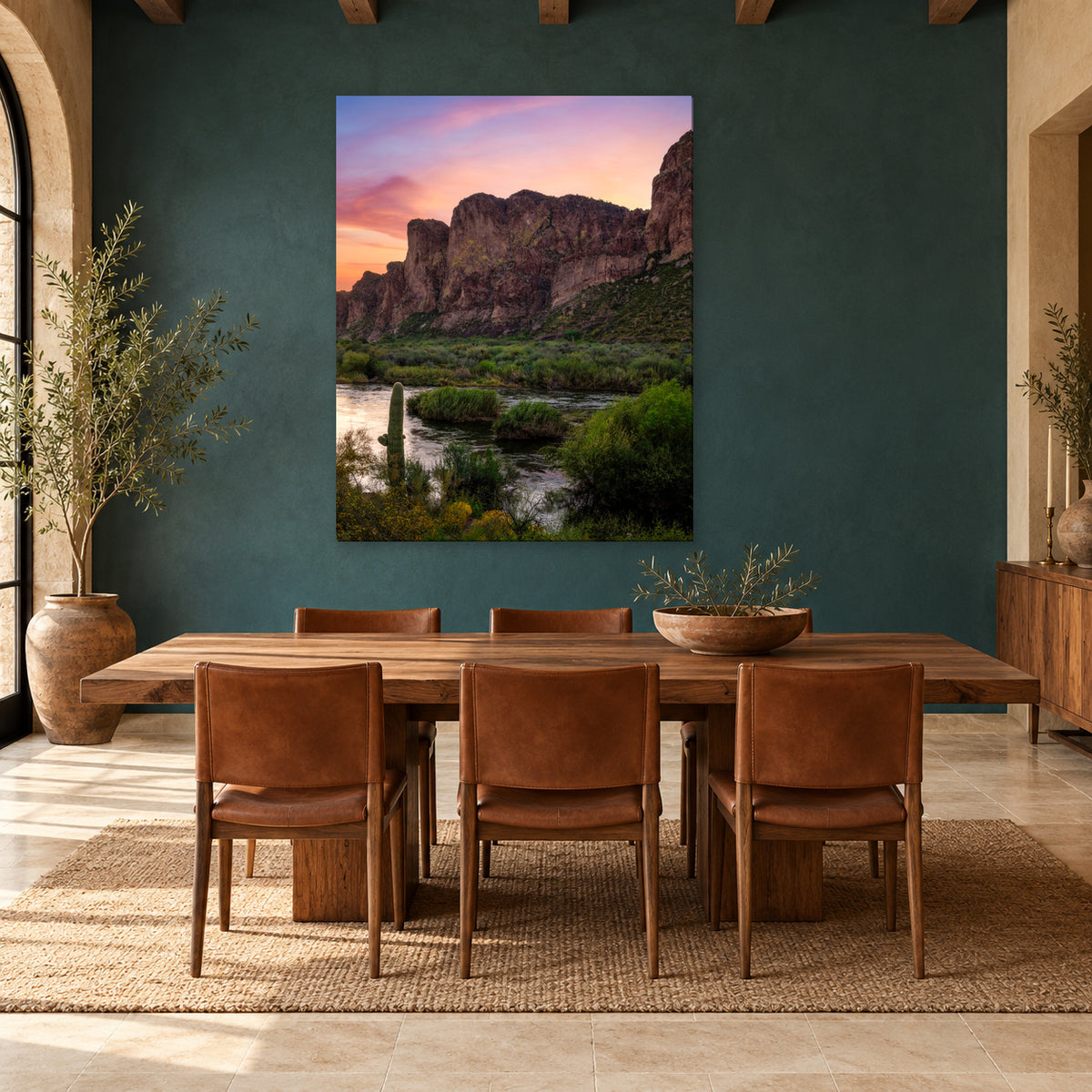 Arizona desert river and sunrise photography print displayed in a teal dining room, without a frame; room mockup.