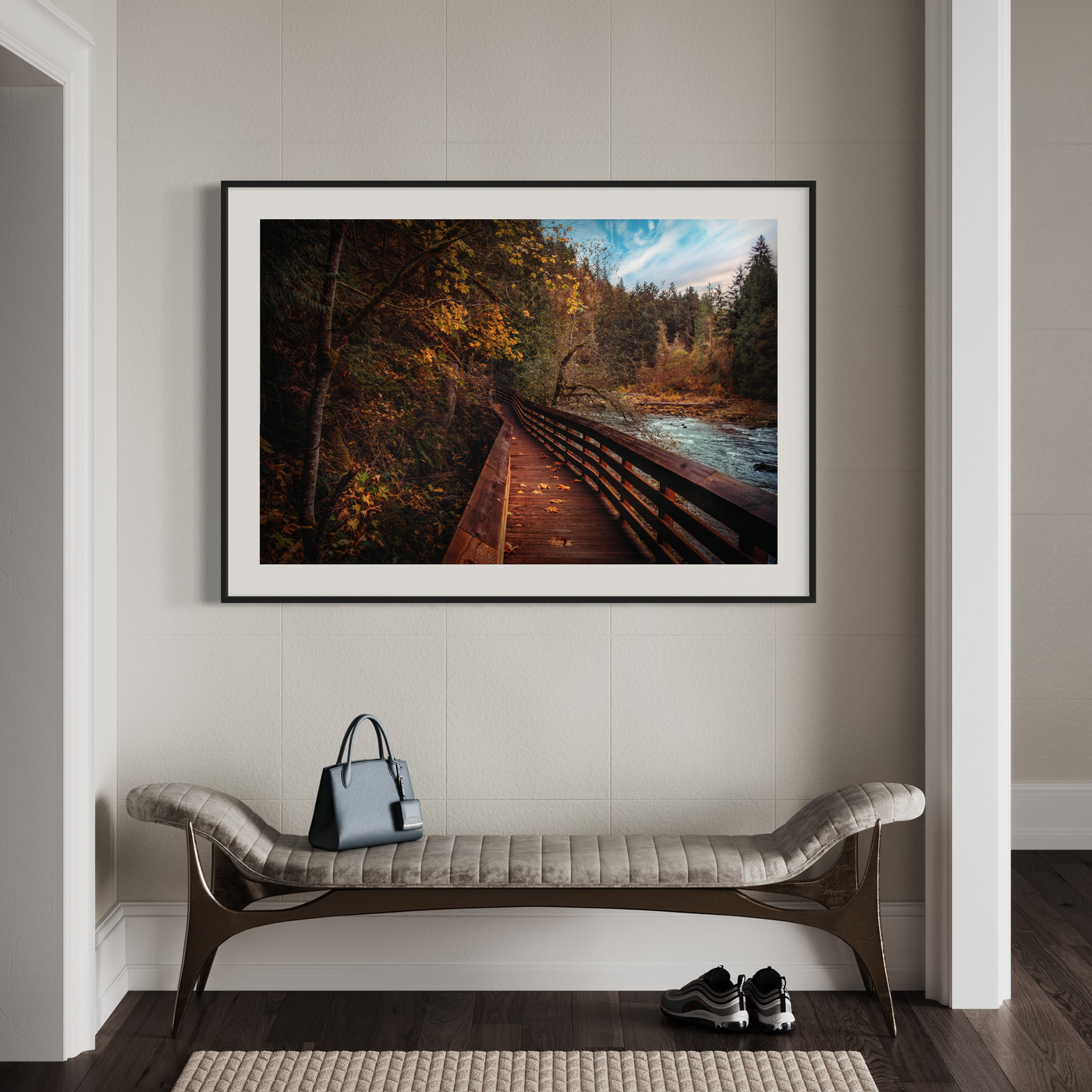 Autumn Forest Boardwalk Pacific Northwest displayed in a styled room interior
