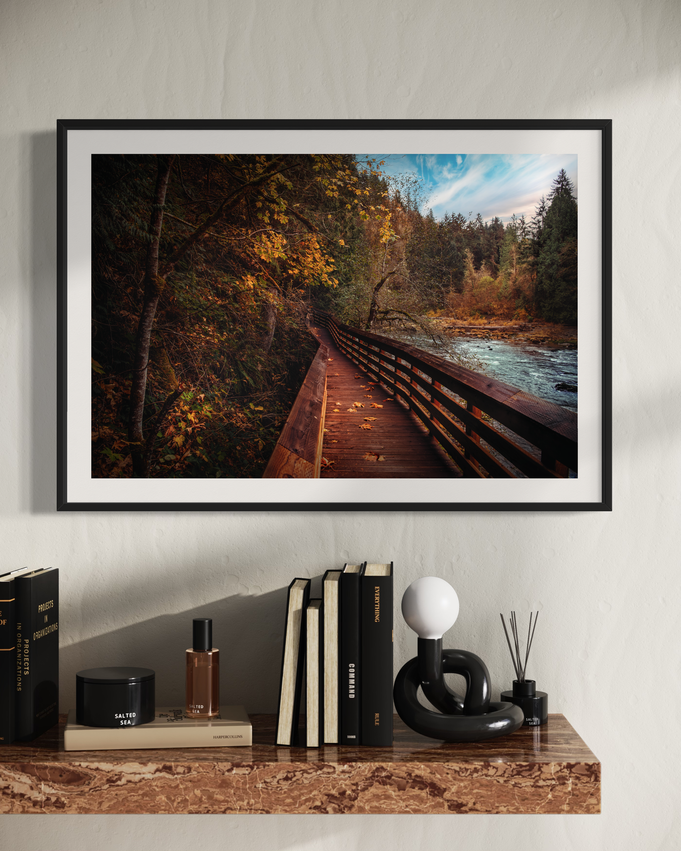 Autumn Forest Boardwalk Pacific Northwest displayed in a modern room interior