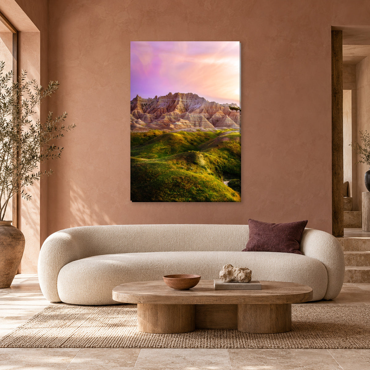 South Dakota Badlands photography print displayed in a sculptural desert living room, without a frame; room mockup.