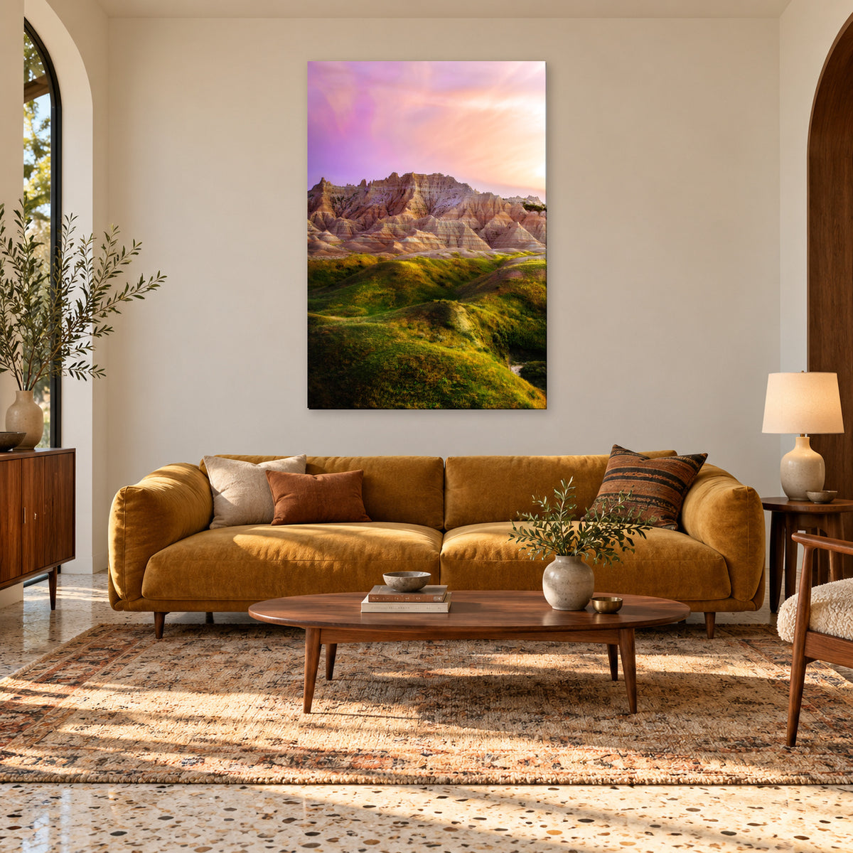 South Dakota Badlands photography print displayed in a midcentury sitting room, without a frame; room mockup.