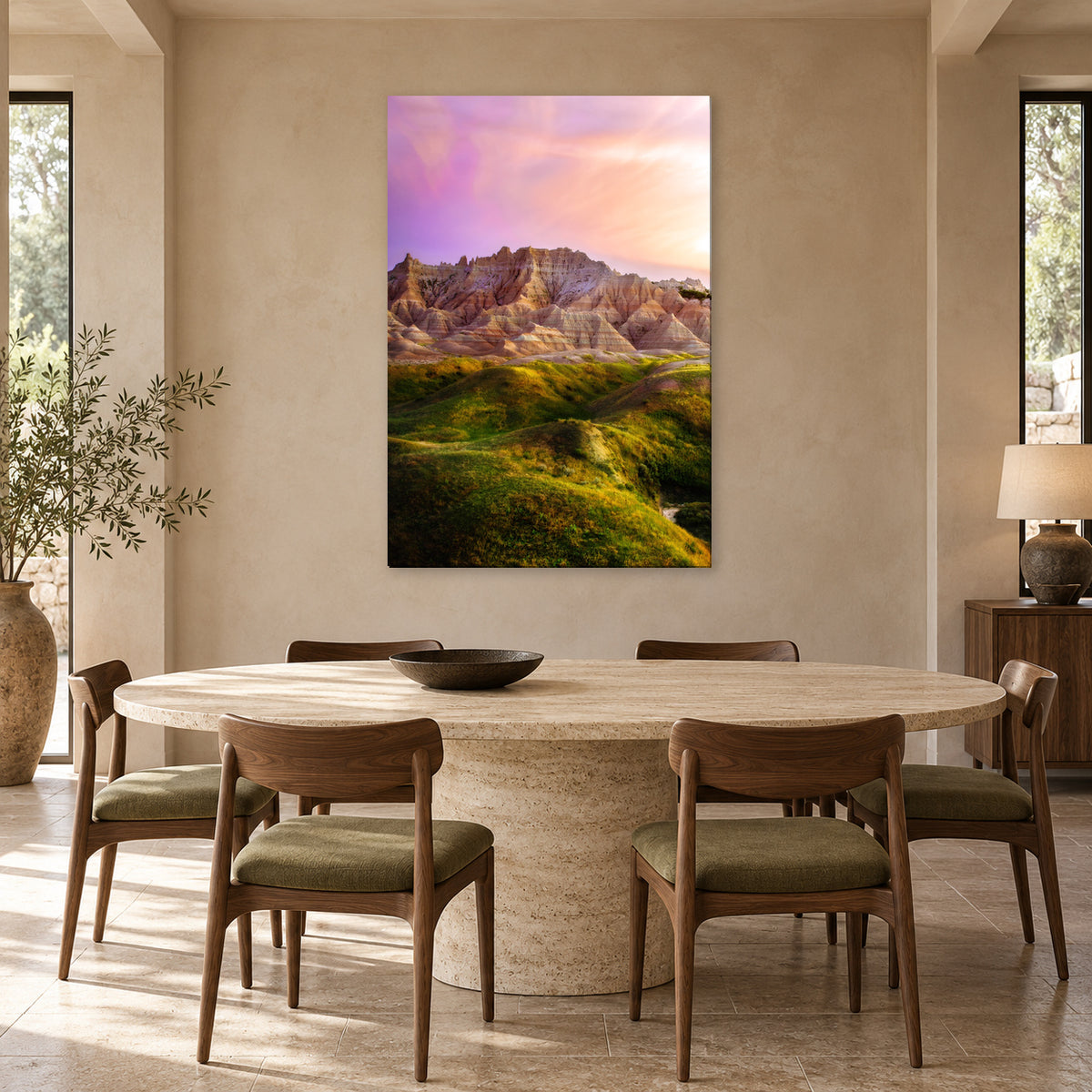 South Dakota Badlands photography print displayed in a sandstone dining room, without a frame; room mockup.