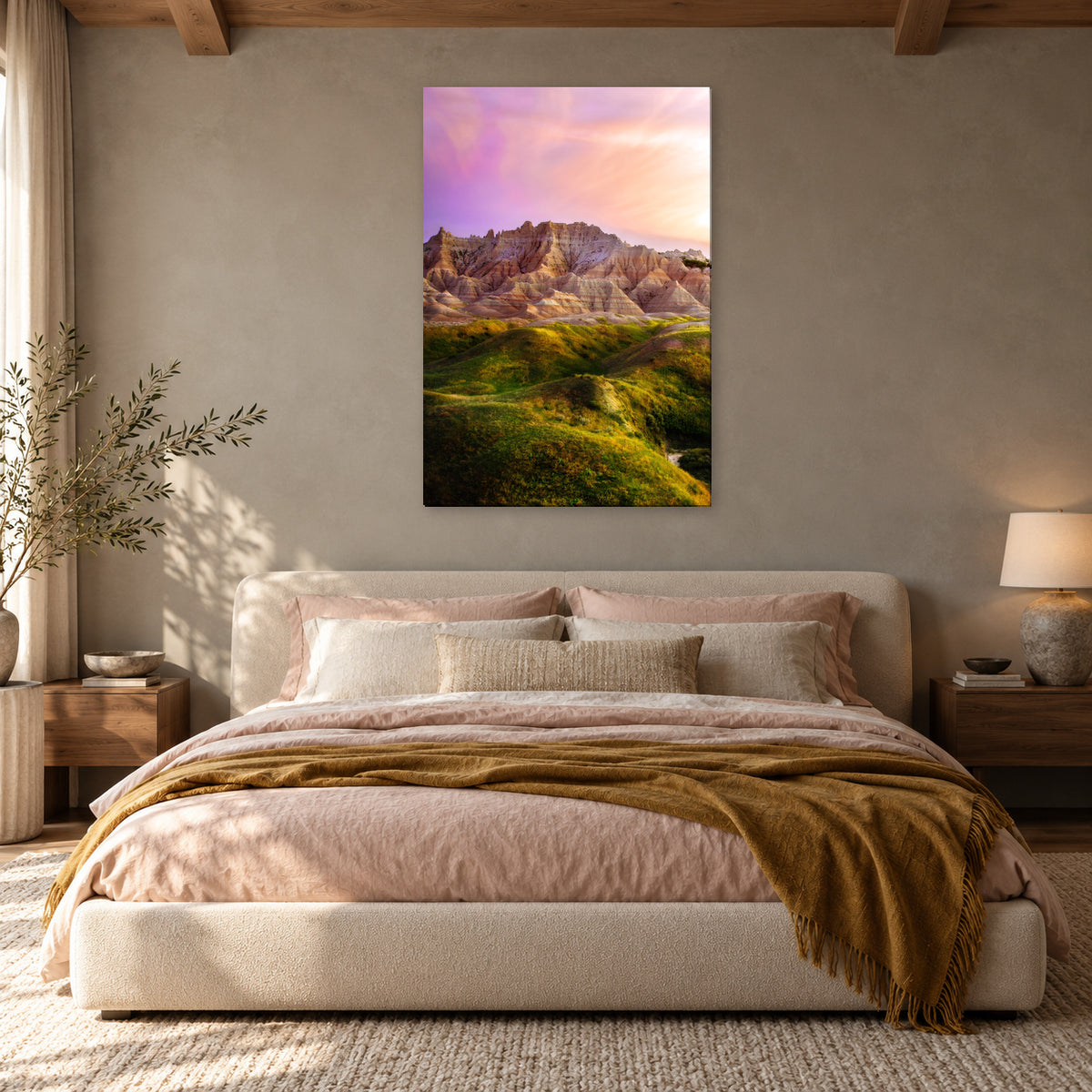 South Dakota Badlands photography print displayed in a pastel bedroom, without a frame; room mockup.