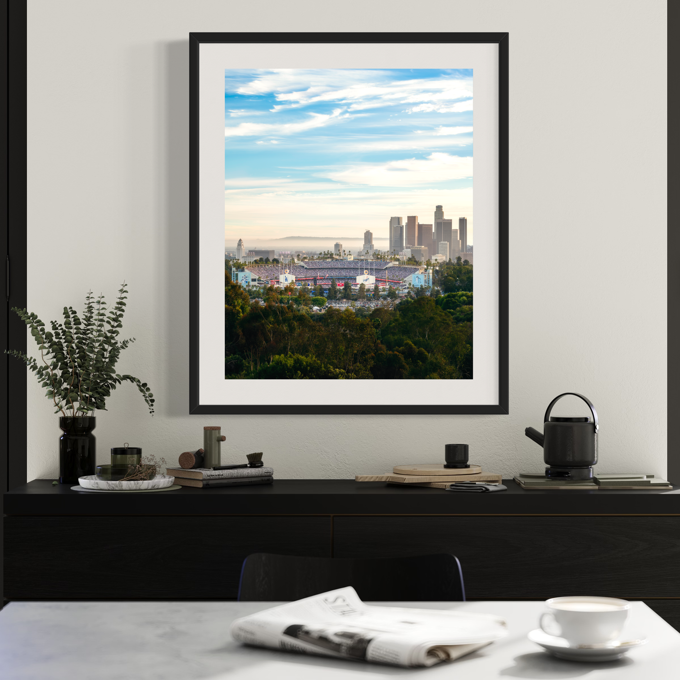 Dodger Stadium 2024 World Series Game 2 fine art print displayed in a styled room interior 1
