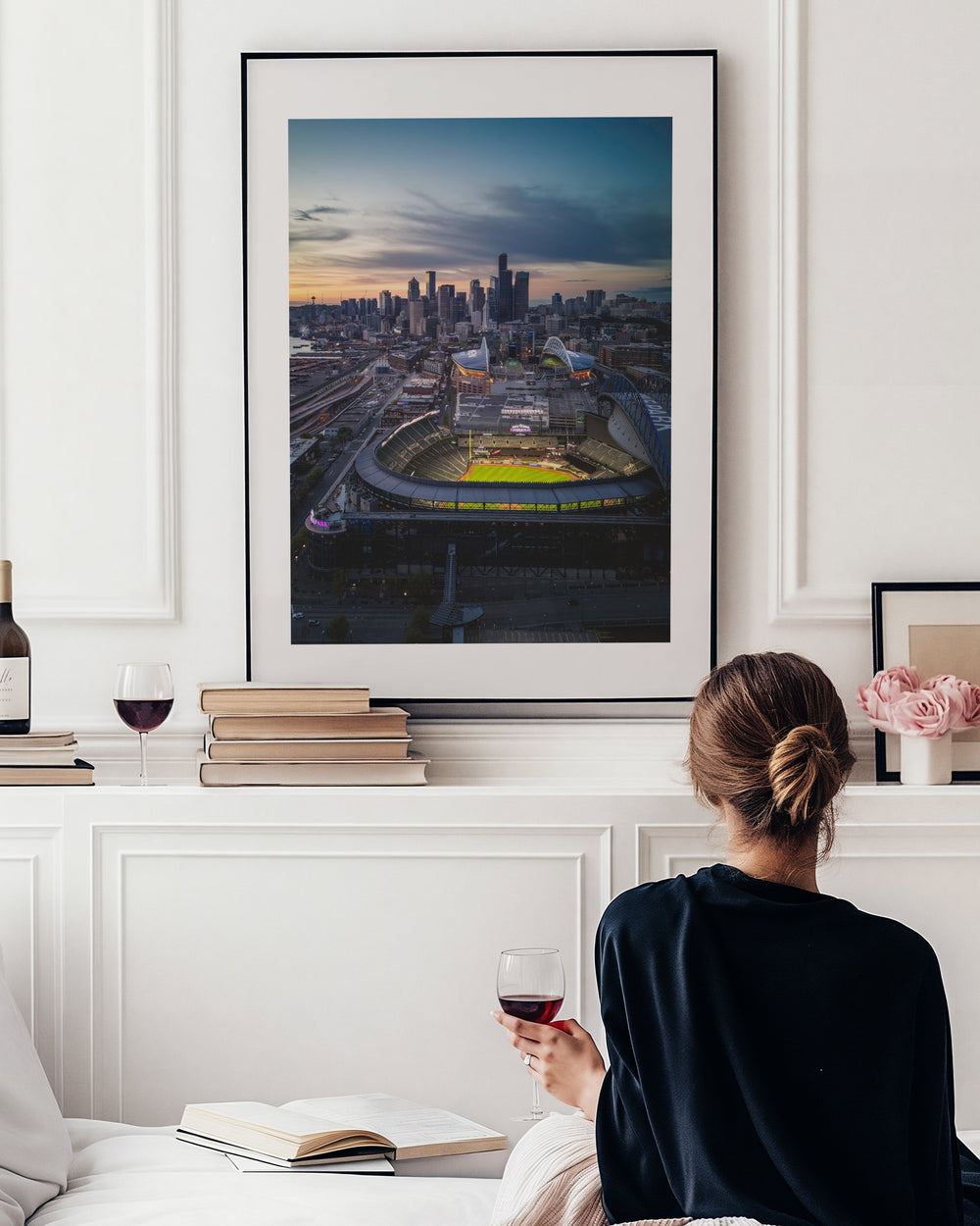 Chris Fabregas Fine Art Photography Seattle Skyline Aerial Photo – Sunset with T-Mobile Park & Lumen Field Wall Art print High-quality fine art photography print 