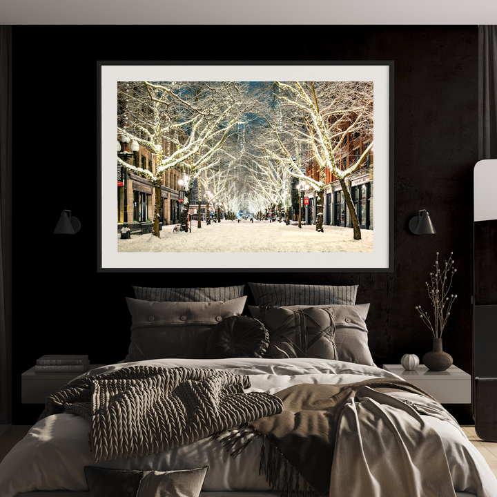 Chris Fabregas Photography Metal, Canvas, Paper Snowy Pioneer Square Seattle Print – Limited Edition Winter Cityscape Art Wall Art print High-quality fine art photography print 