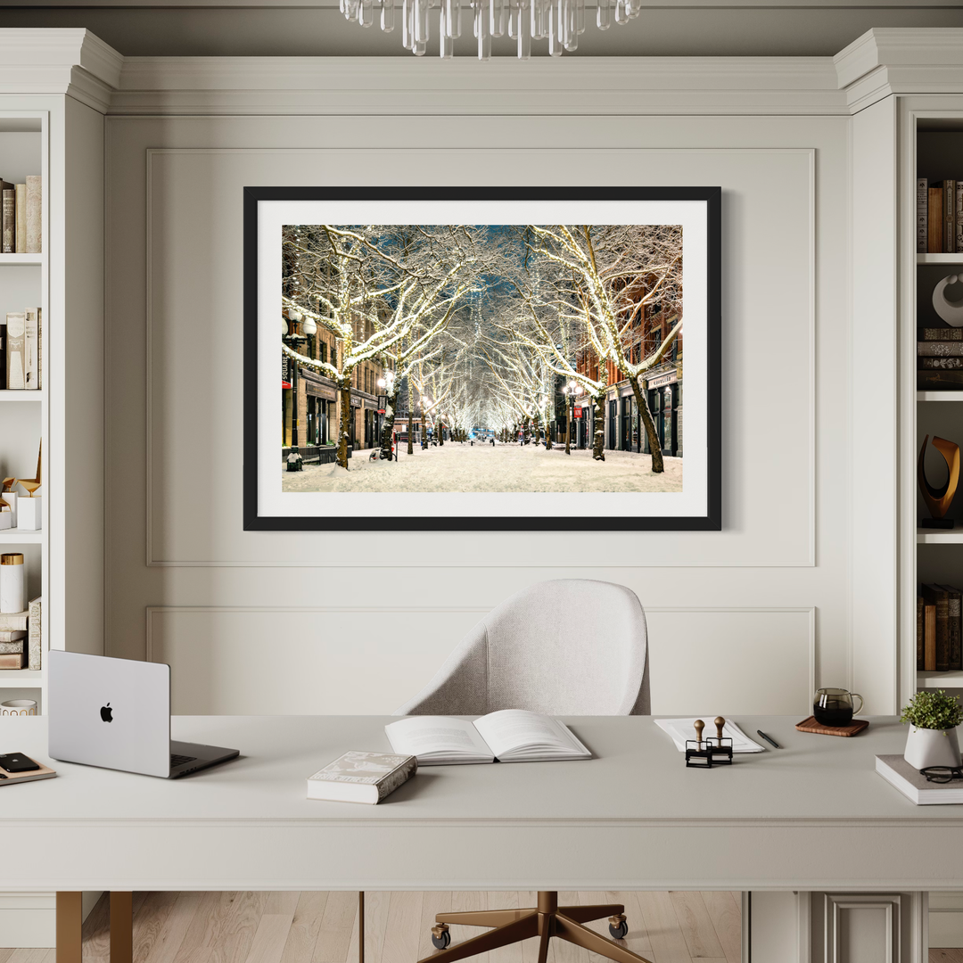 Chris Fabregas Photography Metal, Canvas, Paper Snowy Pioneer Square Seattle Print – Limited Edition Winter Cityscape Art Wall Art print High-quality fine art photography print 