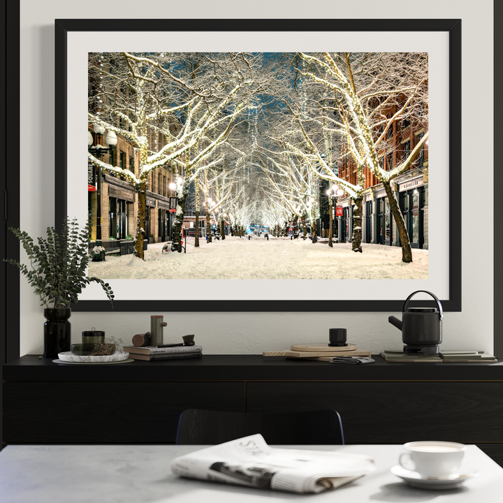 Chris Fabregas Photography Metal, Canvas, Paper Snowy Pioneer Square Seattle Print – Limited Edition Winter Cityscape Art Wall Art print High-quality fine art photography print 