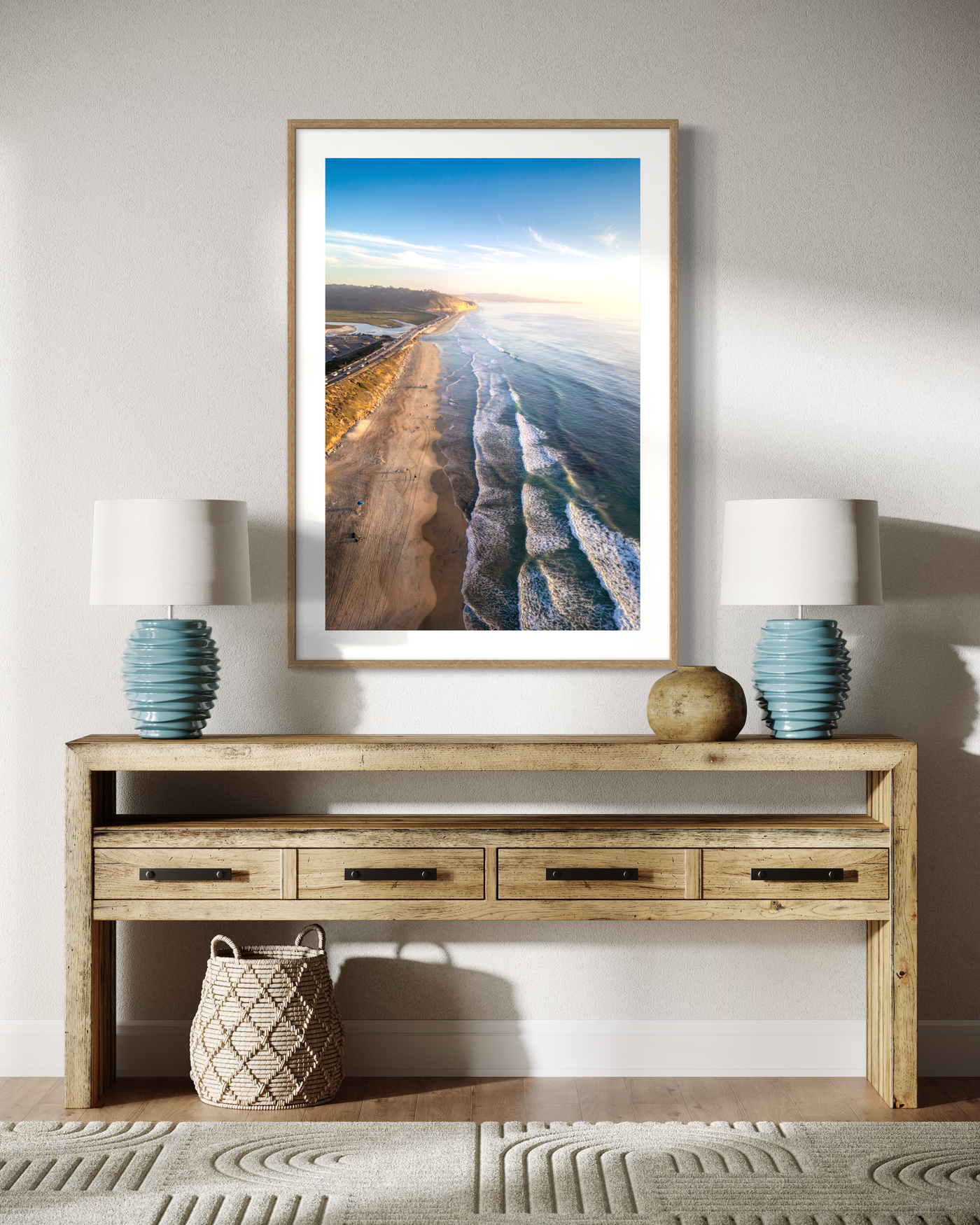 Del Mar California Aerial Beach displayed in a contemporary room interior