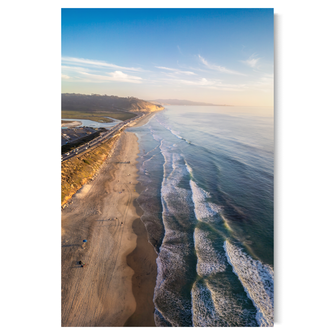 Del Mar California Aerial Beach displayed in a modern room interior