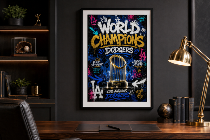 Five-print Los Angeles 2025 championship digital wall art bundle shown framed in a collector office
