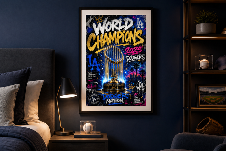 Los Angeles championship printable poster displayed in a navy fan bedroom