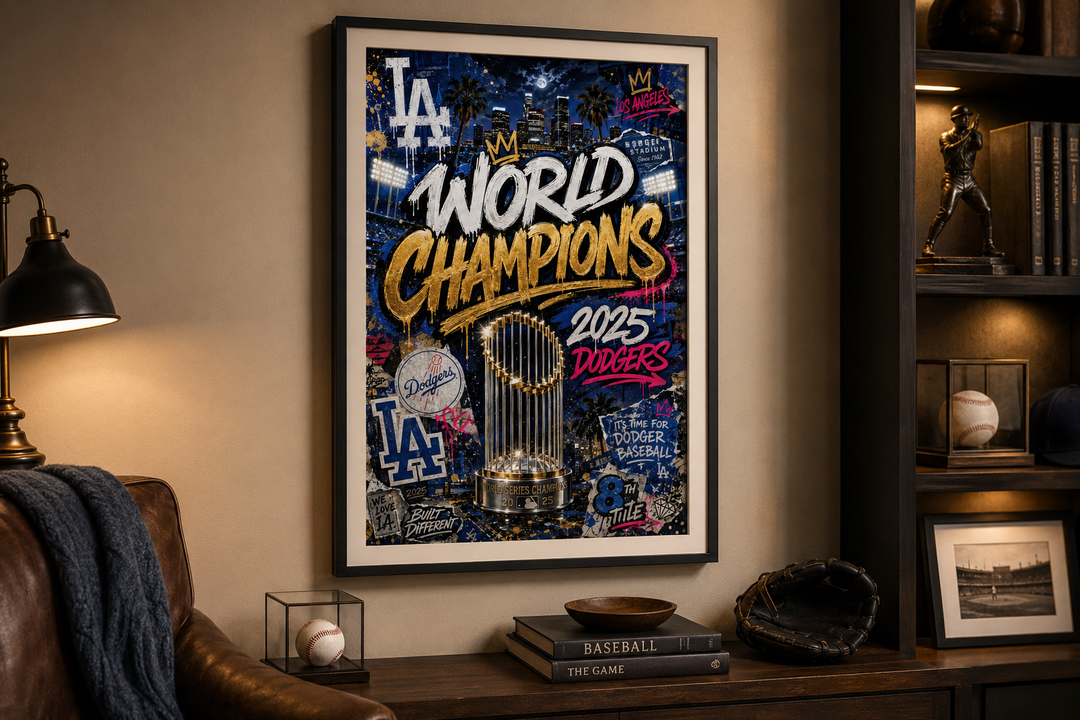 Los Angeles championship printable poster displayed in a refined baseball collector room