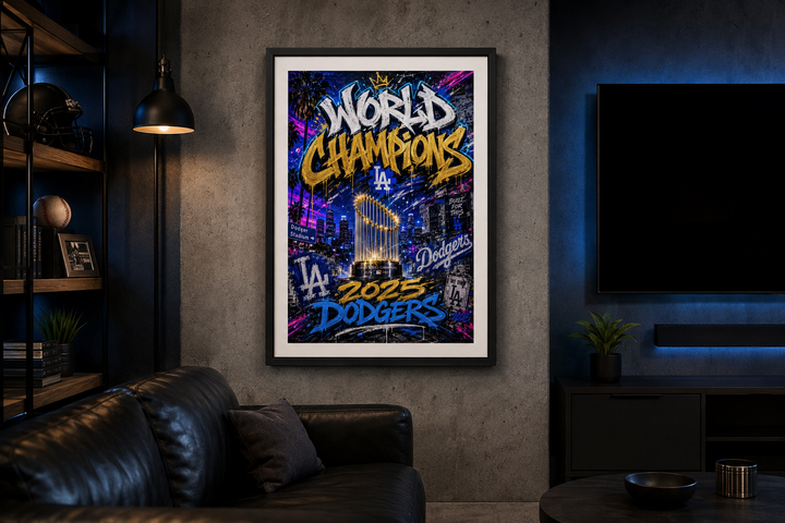 Los Angeles championship printable wall art displayed in a dark industrial media room