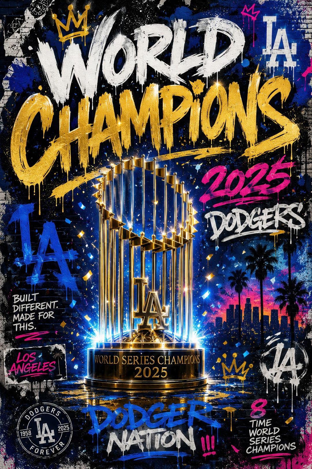 Los Angeles 2025 World Champions digital poster in blue gold white and pink