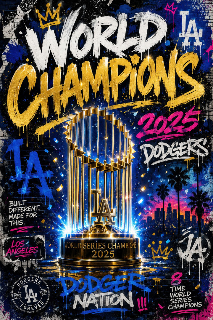 Los Angeles 2025 World Champions digital poster in blue gold white and pink