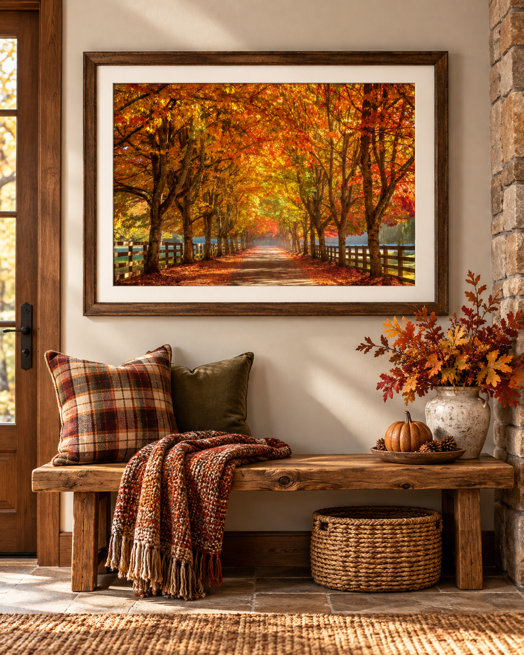 Golden Autumn Tree Tunnel 3:2 fall landscape photograph displayed over a rustic entryway bench; digitally staged, frame not included