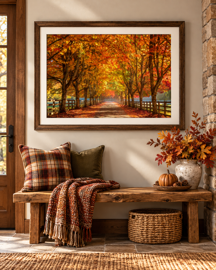 Golden Autumn Tree Tunnel 3:2 fall landscape photograph displayed over a rustic entryway bench; digitally staged, frame not included