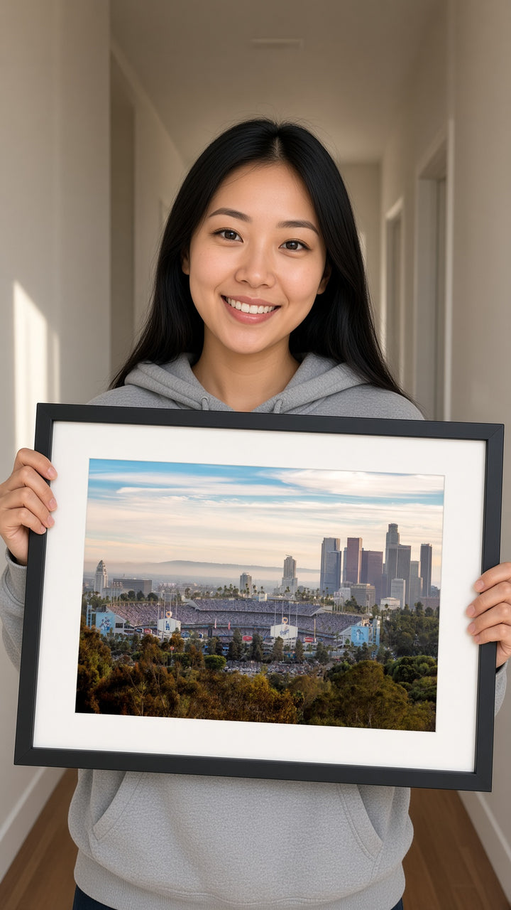 Dodger Stadium and Los Angeles skyline 2024 World Series fine art print displayed in a modern interior