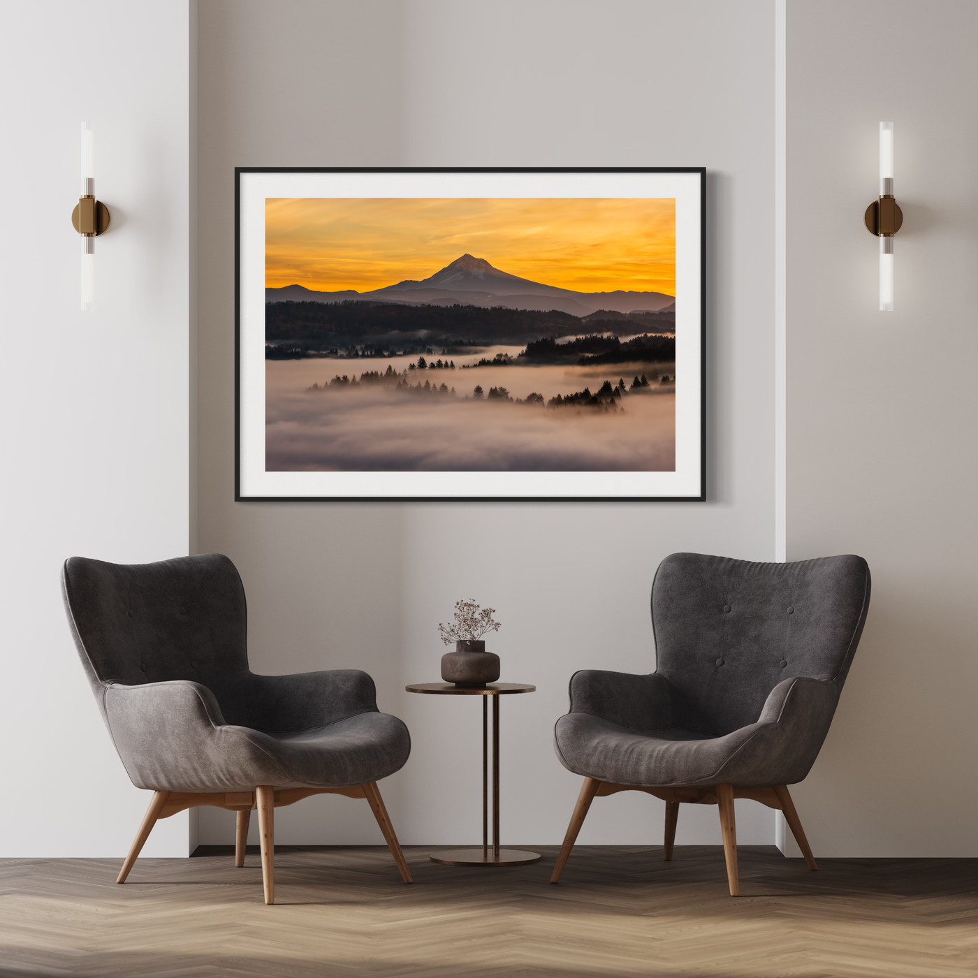 Mount Hood Sunrise Pacific Northwest displayed in a modern room interior