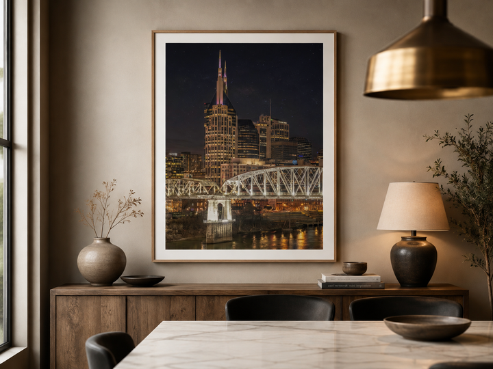 Nashville skyline night fine art print displayed in an upscale dining room