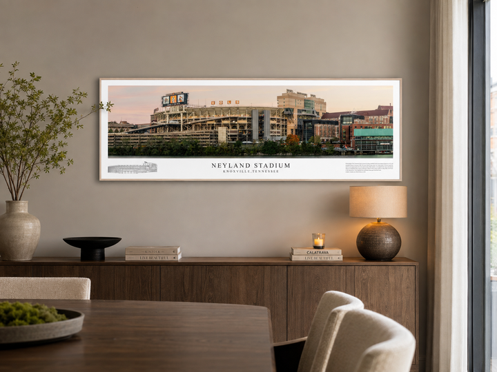 Neyland Stadium panoramic print displayed in a luxury dining room
