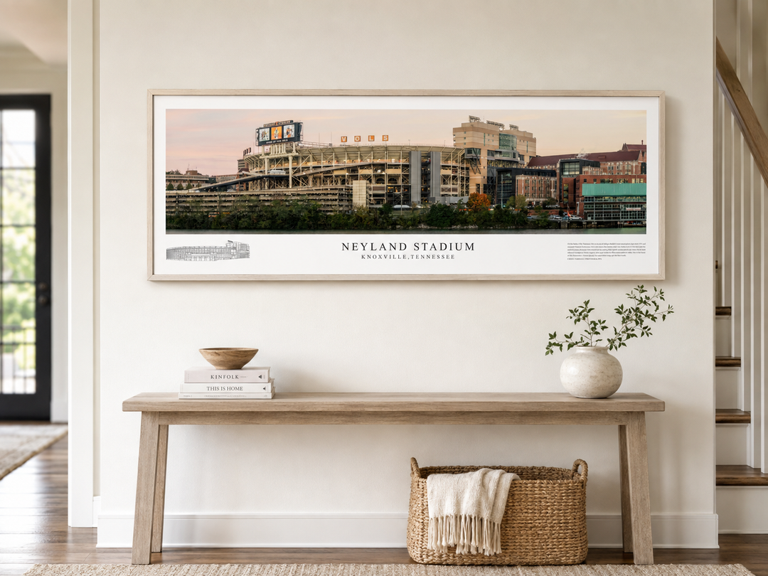 Neyland Stadium panoramic print displayed in a refined entryway