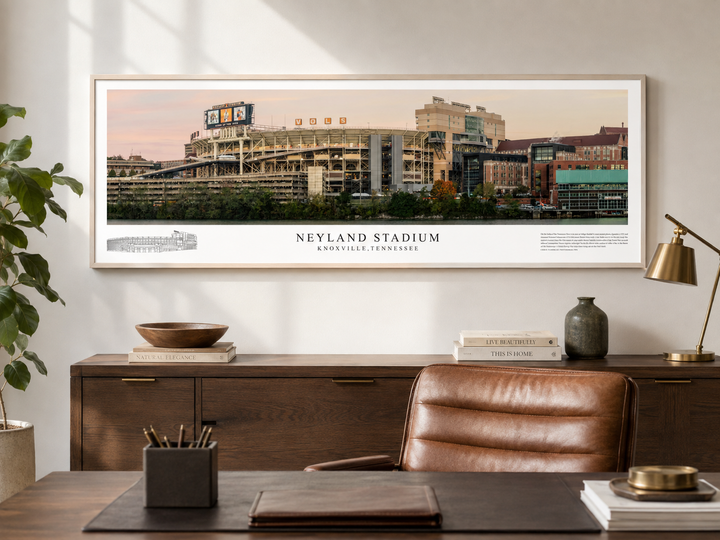 Neyland Stadium panoramic print displayed in an upscale home office