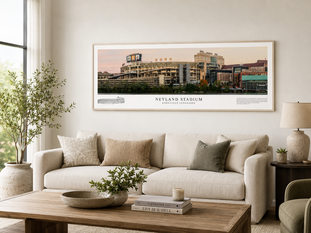 Neyland Stadium panoramic print displayed in a bright modern living room