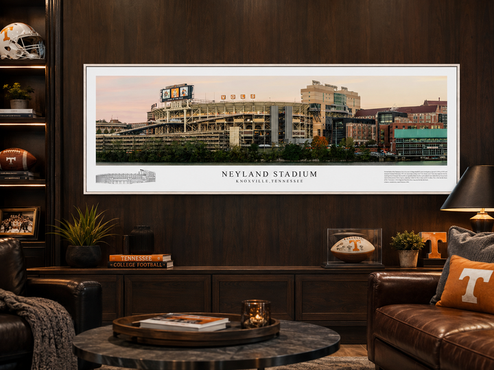Neyland Stadium panoramic print displayed in a premium Tennessee sports den