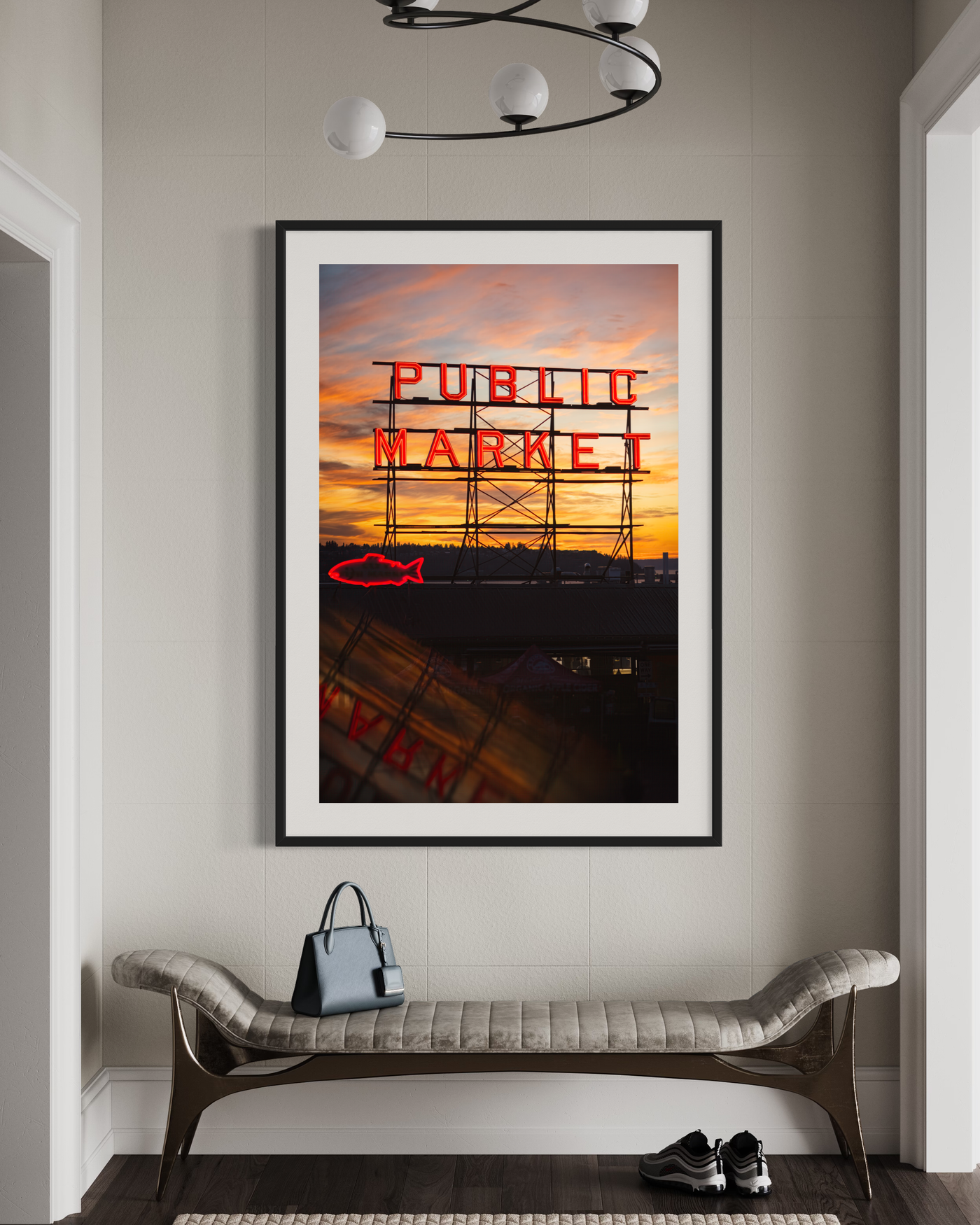 Pike Place Market Neon Sign Seattle displayed in a refined room interior