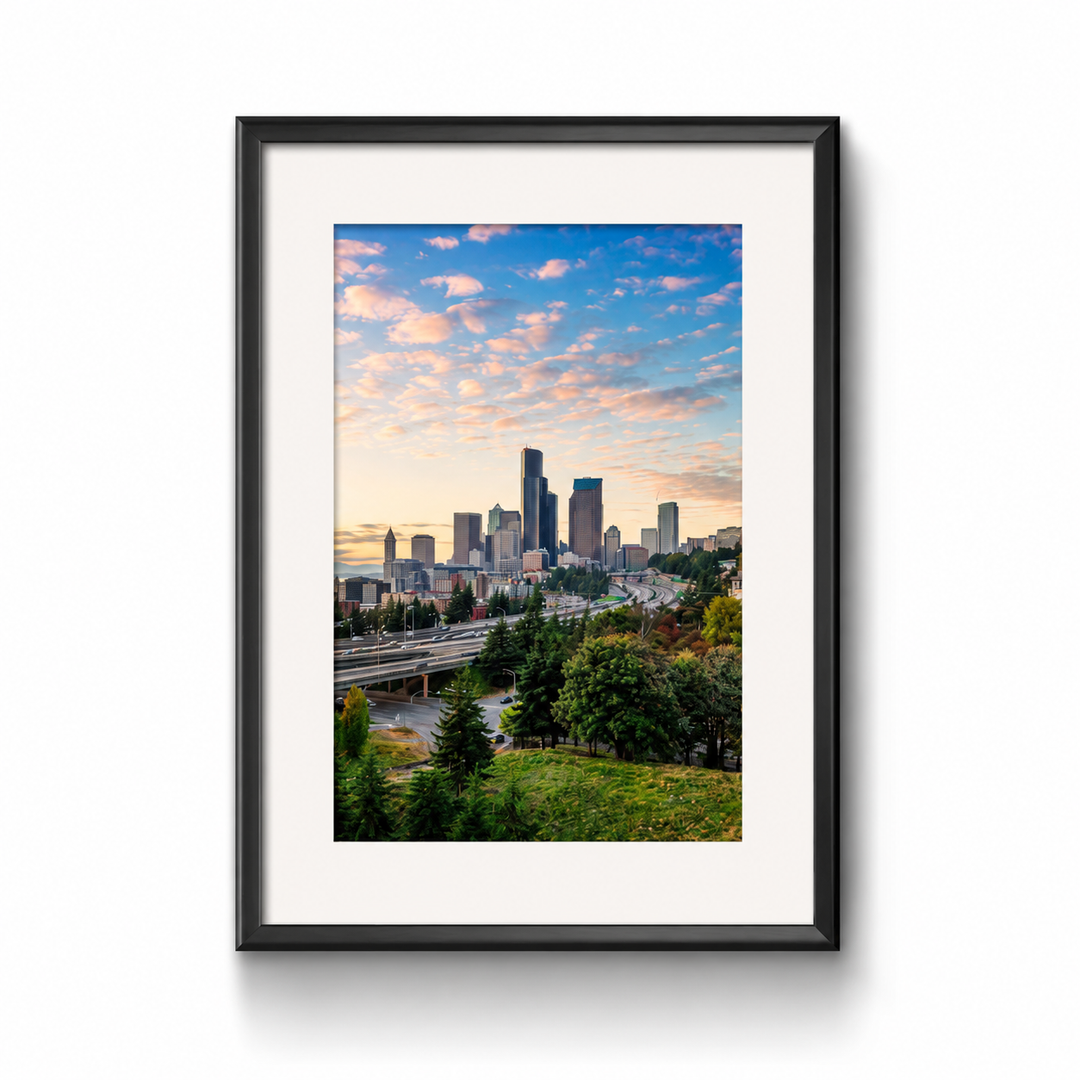Seattle Skyline From Beacon Hill Fine Art Print in a black frame with white mat