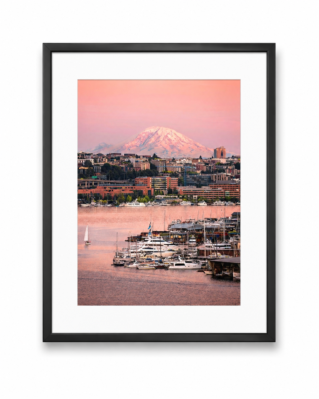 Seattle Lake Union & Mount Rainier Fine Art Print in a black frame with white mat