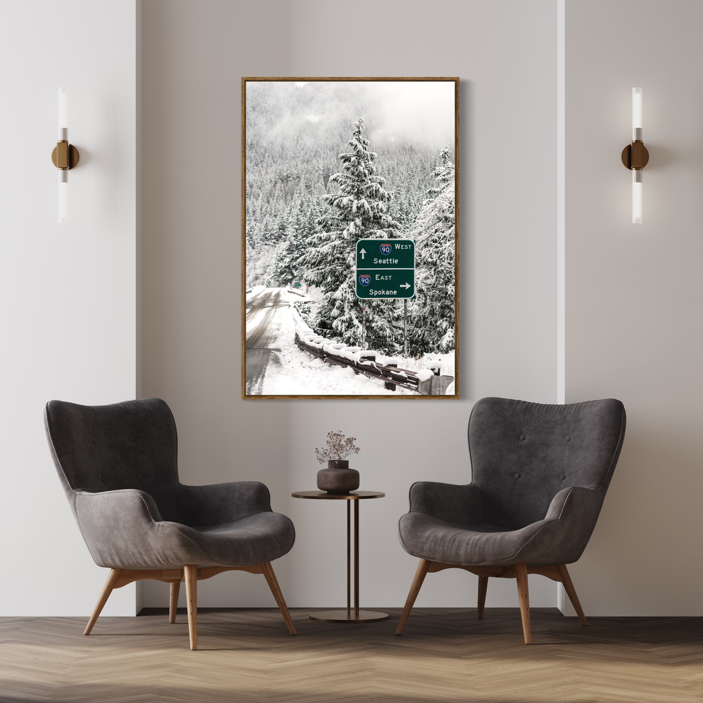 Snowy Mountain Road Pacific Northwest displayed in an elegant room interior