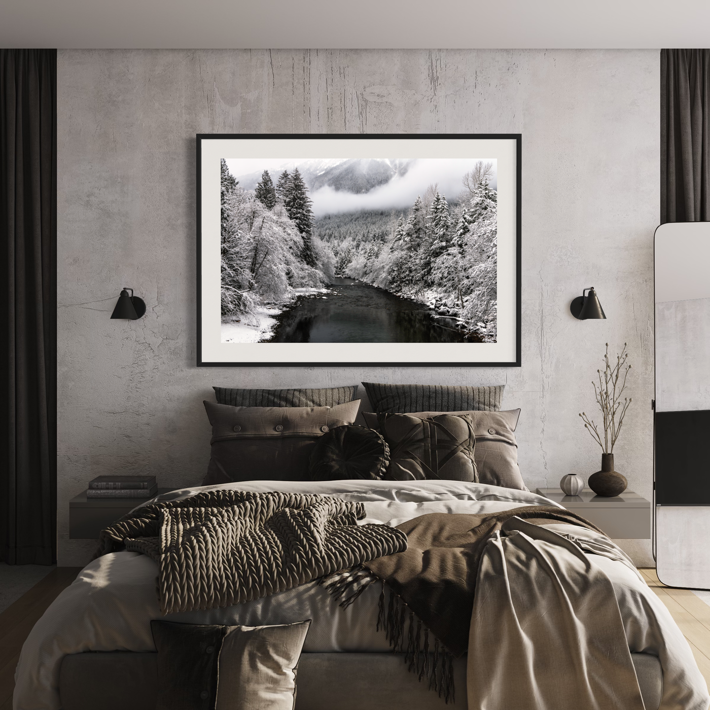 Winter River Snowy Mountain displayed in an elegant room interior
