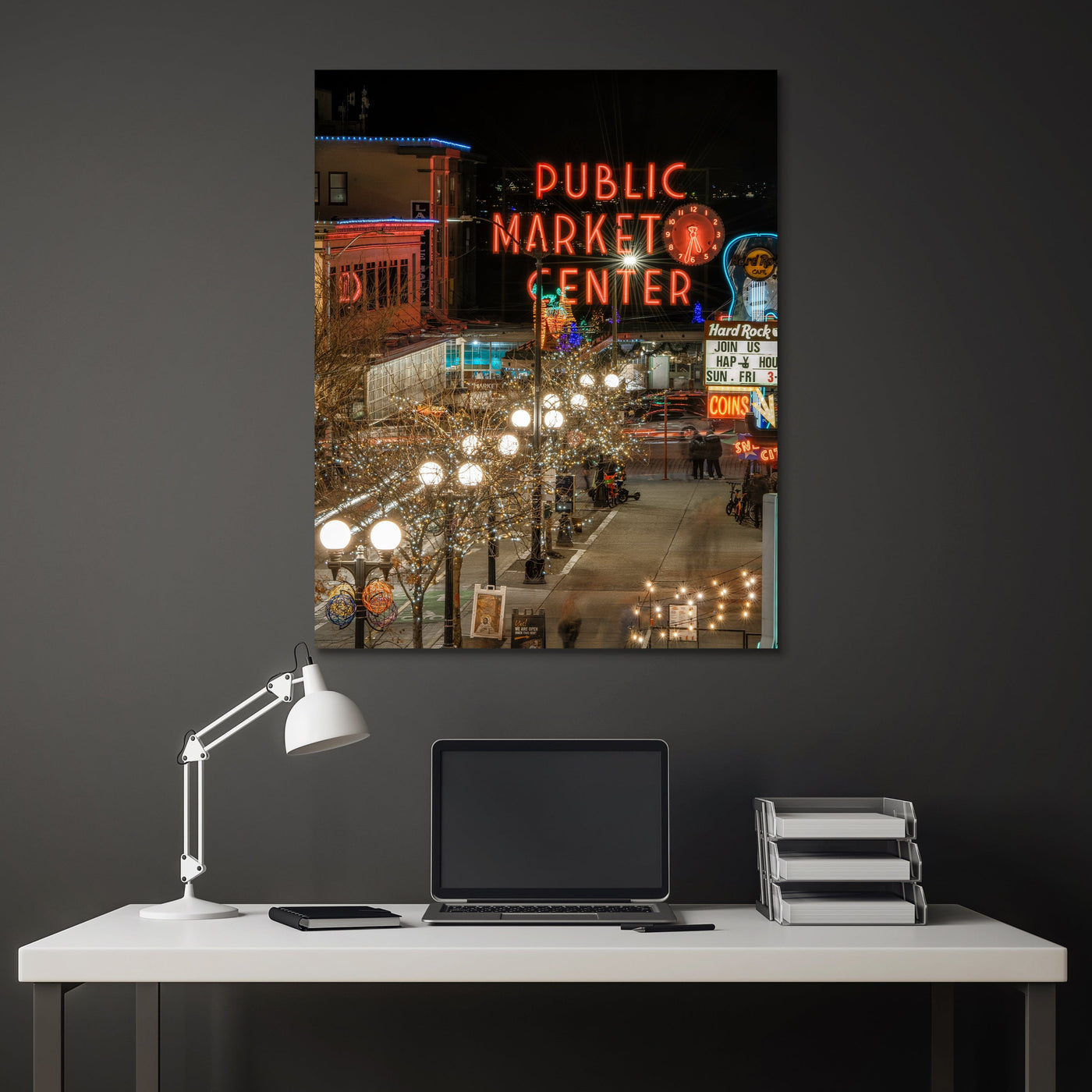 Pike Place Market Seattle Wall Art displayed in a styled room interior