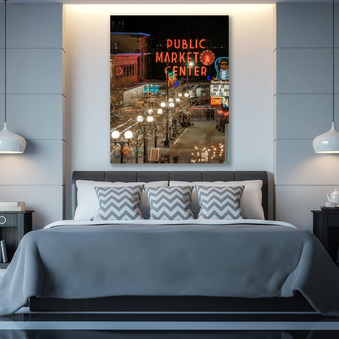 Pike Place Market Seattle Wall Art displayed in a refined room interior