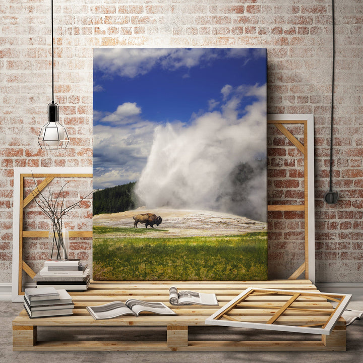 Chris Fabregas Photography Metal, Canvas, Paper YELLOWSTONE OLD FAITHFUL Bison Wall Art print