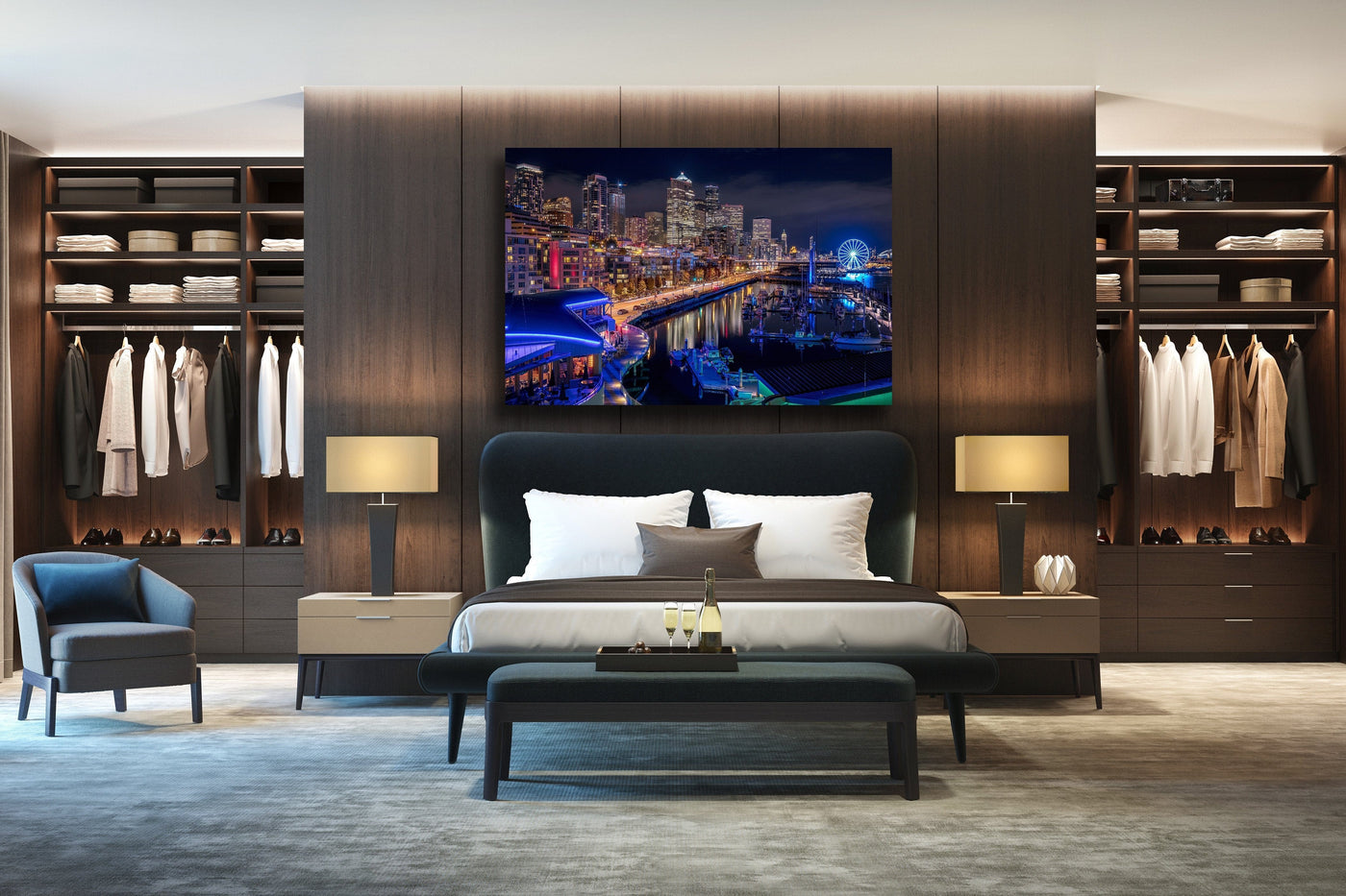 Downtown Seattle Night displayed in a contemporary room interior