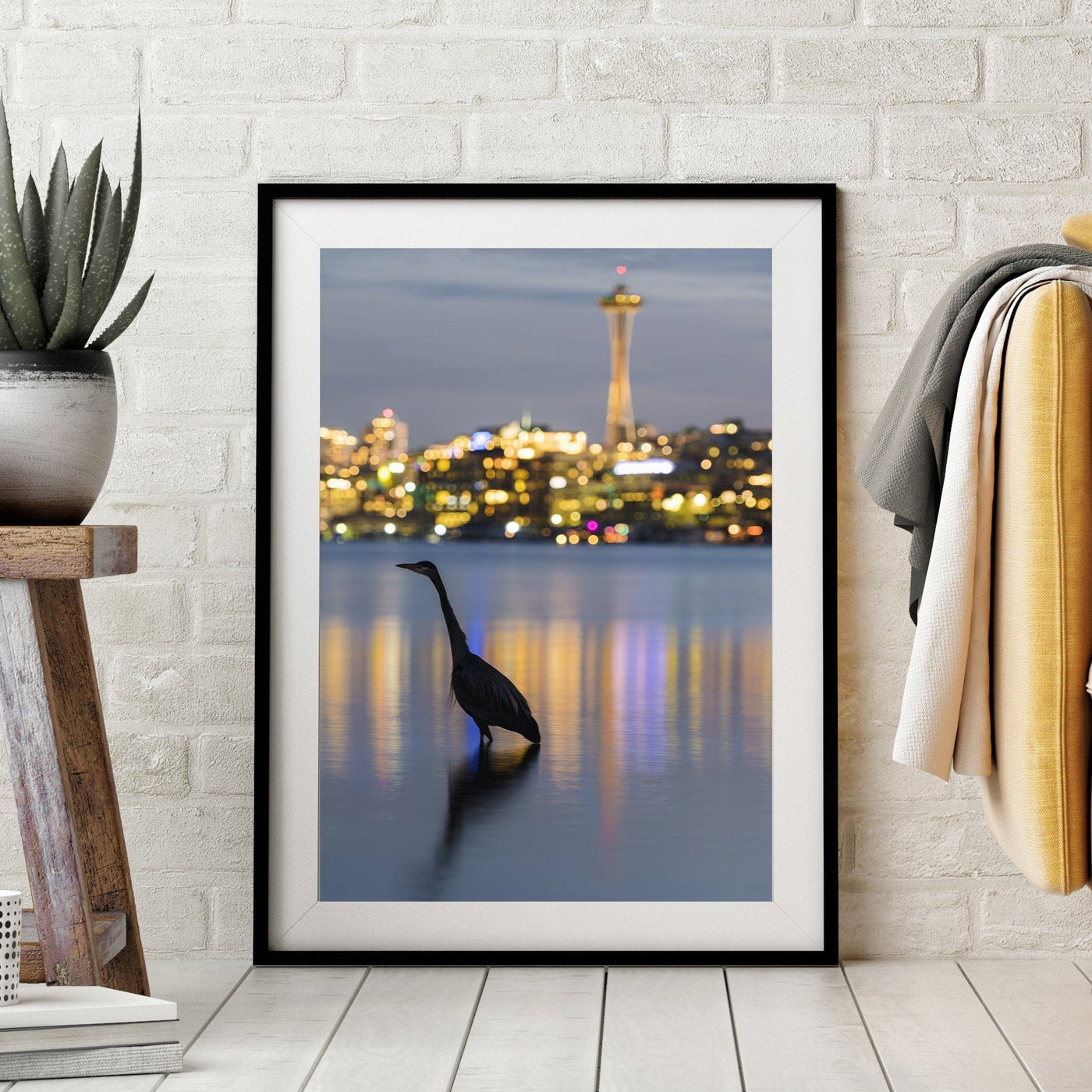 Great Blue Heron Wildlife displayed in a styled interior