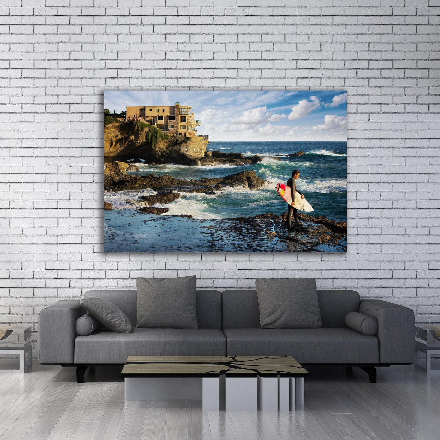 Laguna Beach High Surf displayed in a styled room interior