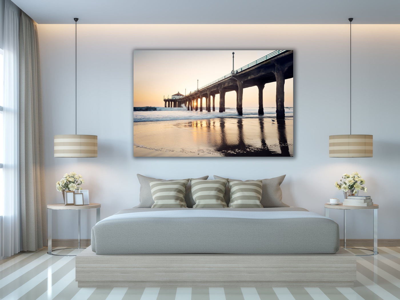 Manhattan Beach Pier Sunset displayed in a styled room interior