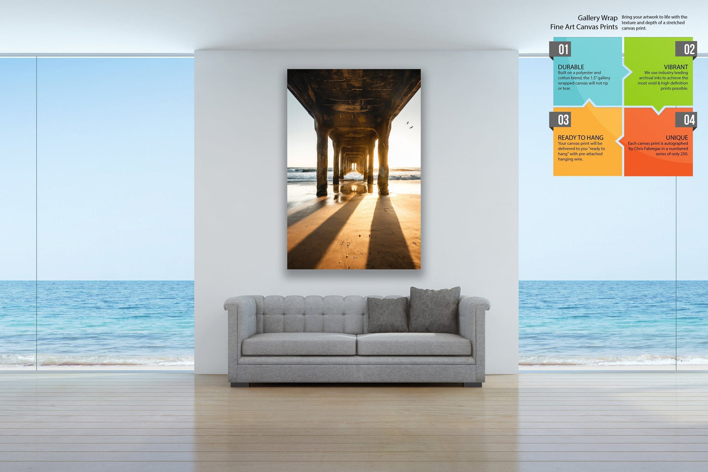 Manhattan Beach Pier Sunset Pillars displayed in a contemporary room interior