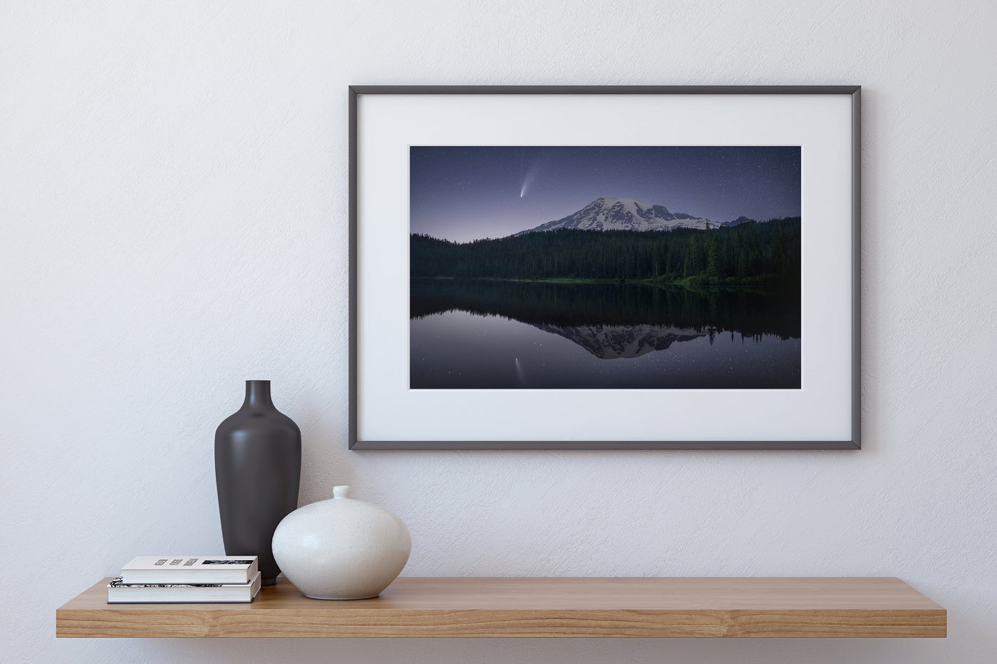 NEOWISE Comet Over Mount Rainier displayed in a refined interior setting