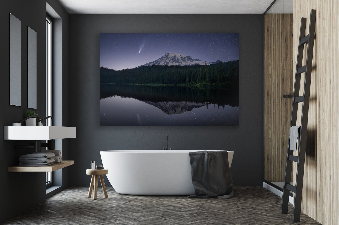 NEOWISE Comet Over Mount Rainier displayed in an elegant home interior